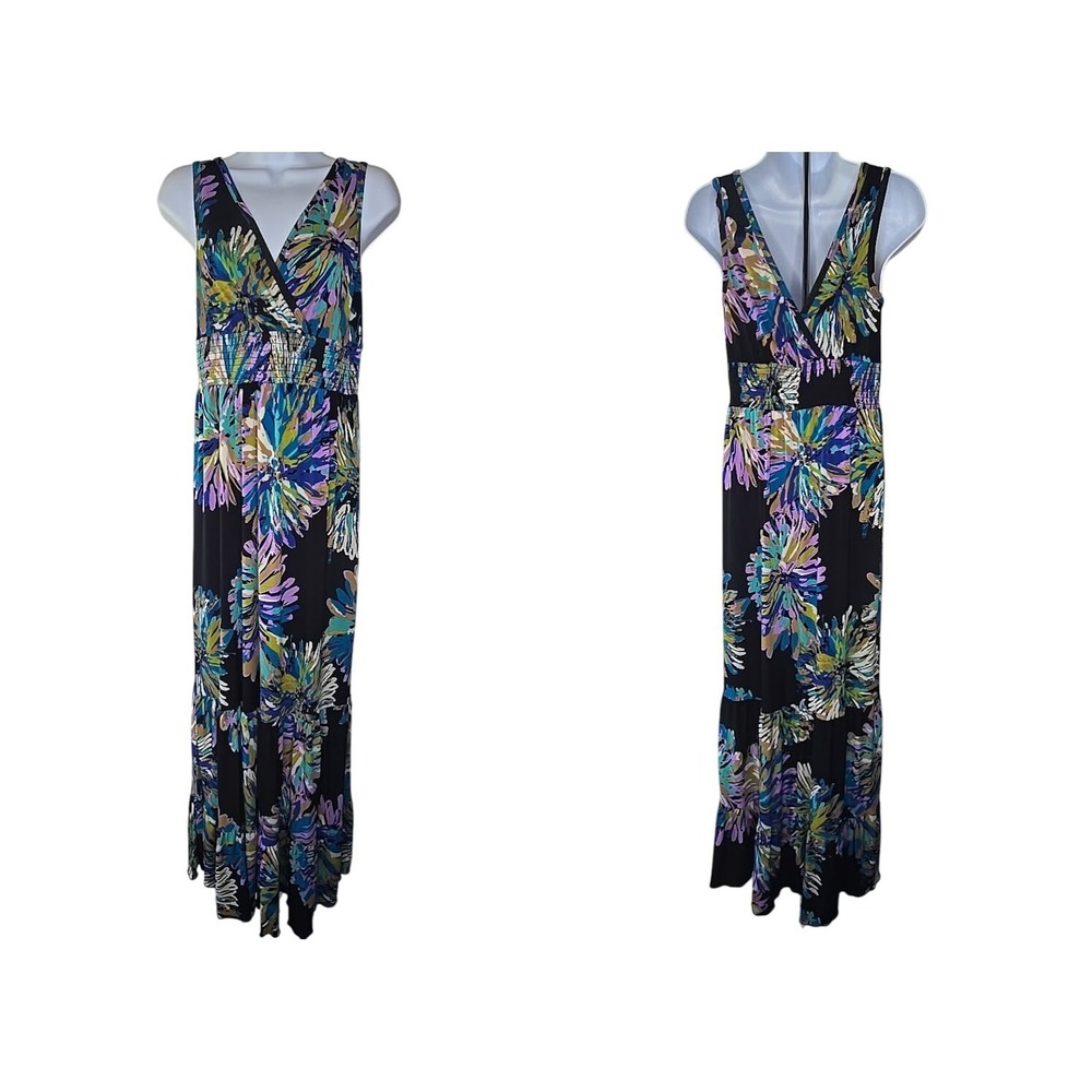 AB Studio Maxi Dress Womens L Black Multicolor Floral Boho Smocked Sleeveless
